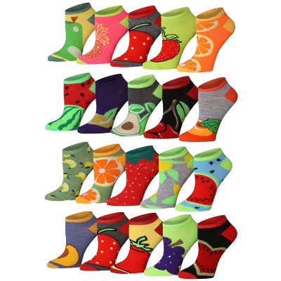 Tipi Toe Women's 20 Pairs Colorful Red Dark Colored Seed Fruity Patterned Low Cut/No Show Socks