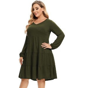 plus Size V-Neck Multi-Layered Ruffle Long Sleeve Dress - 1 of 1