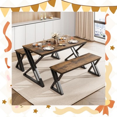 Garvee Kitchen Table with Benches - Dining Table Set for 4 Sturdy Metal Kitchen Table Set with X Metal Frame Saving Space Dining Room