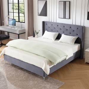 California King Wooden Bed Frame with Headboard Wingback Tufted Platform Bed No Boxspring Needed -Morden Fort - 1 of 4