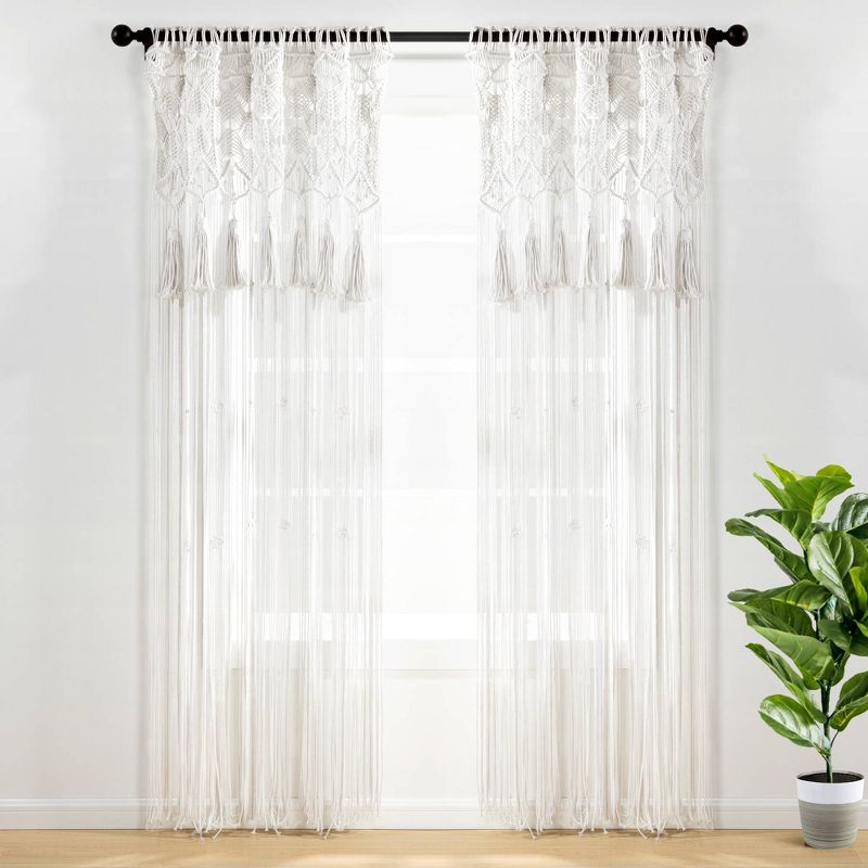 1pc 40&#34;x84&#34; Light Filtering Boho Macrame Tassel Curtain Panel White - Lush D&#233;cor, 1 of 9