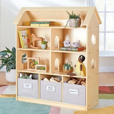 Guidecraft EdQ Dollhouse Bookshelf: Wood Kids' Pretend Play Furniture for Playroom and Classroom with Bins for Toys and Dolls