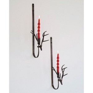 24" Set of 2 Deer Wall Sconces Forged Iron Rustic Brass Candle Holders for Home Decor by Kalalou - 1 of 4