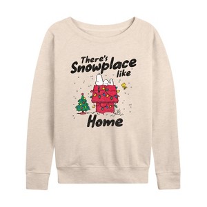 Women's - Peanuts - Theres Snowplace Like Home Lightweight French Terry Wide Neck Long Sleeve Graphic Shirt - 1 of 4
