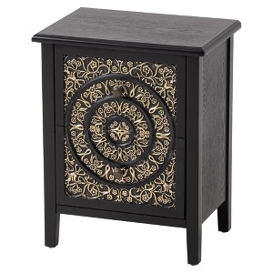 COZAYH Farmhouse 2 Drawer Nightstand with Embossed Flower Motif Front, Distressed Boho Nightstand for Home Bedrooms, Gold and Black - 1 of 4
