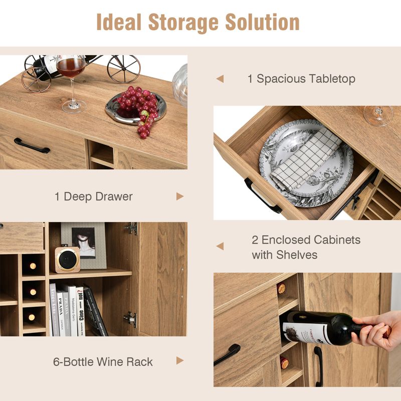 Costway 2-Door Wine Bar Cabinet Kitchen Sideboard Buffet with Drawer & Adjustable Shelves, 5 of 11