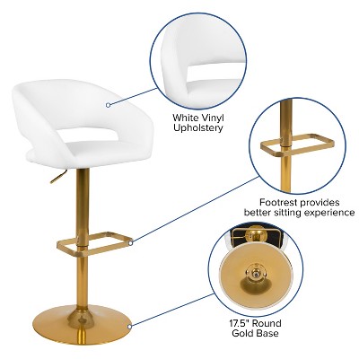 White Vinyl Adjustable Swivel Bar Stool with Gold Base