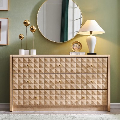 SinCiDo 8 Drawer Dresser for Bedroom, 56" Wide Mid Century Modern Dresser, Wood Chest of Dressers with Diamond Panel Decoration