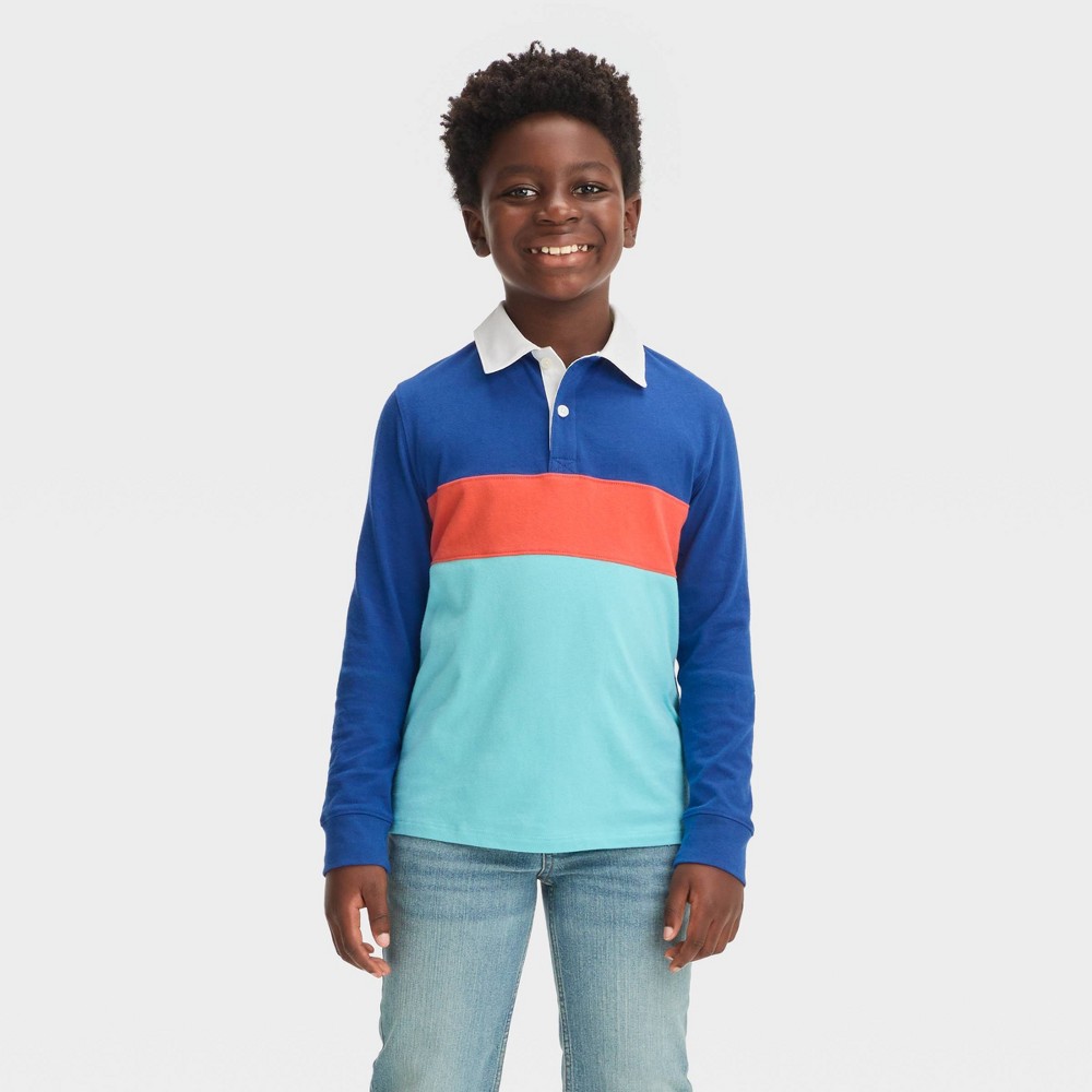 Size Medium, Boys' Long Sleeve Colorblock Polo Shirt - Cat & Jack™ Royal Blue