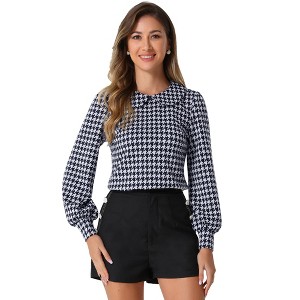 Allegra K Women's Peter Pan Collar Fashion Puff Long Sleeve Houndstooth Plaid Blouse - 1 of 4