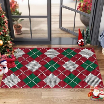 Christmas Plaid Rug, Modern Holiday Doormat, Soft Plush Machine Washable Indoor Mat, Cozy Entryway Bedroom Home Decor