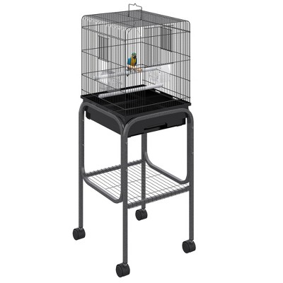 PawHut 44.5" Metal Indoor Bird Cage Starter Kit With Detachable Rolling Stand, Storage Basket, And Accessories - Black