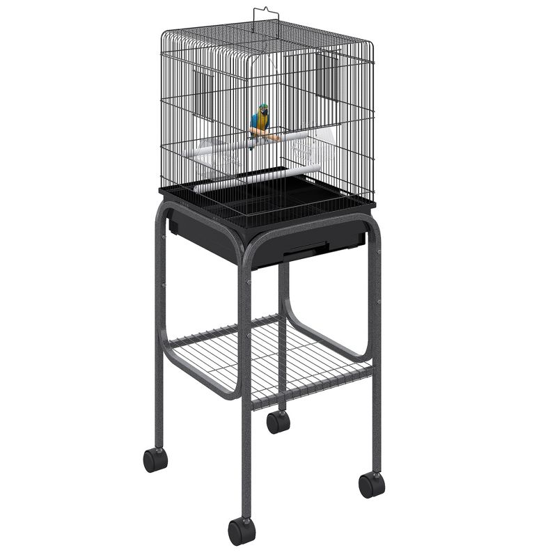 PawHut 44.5" Metal Indoor Bird Cage Starter Kit With Detachable Rolling Stand, Storage Basket, And Accessories - Black, 1 of 9
