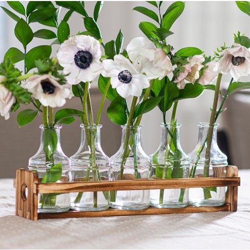 Beautiful Glass Flower Vase with Wooden Plant Stand & 6 Bud Vases, Dec -  Le'raze by G&L Decor Inc