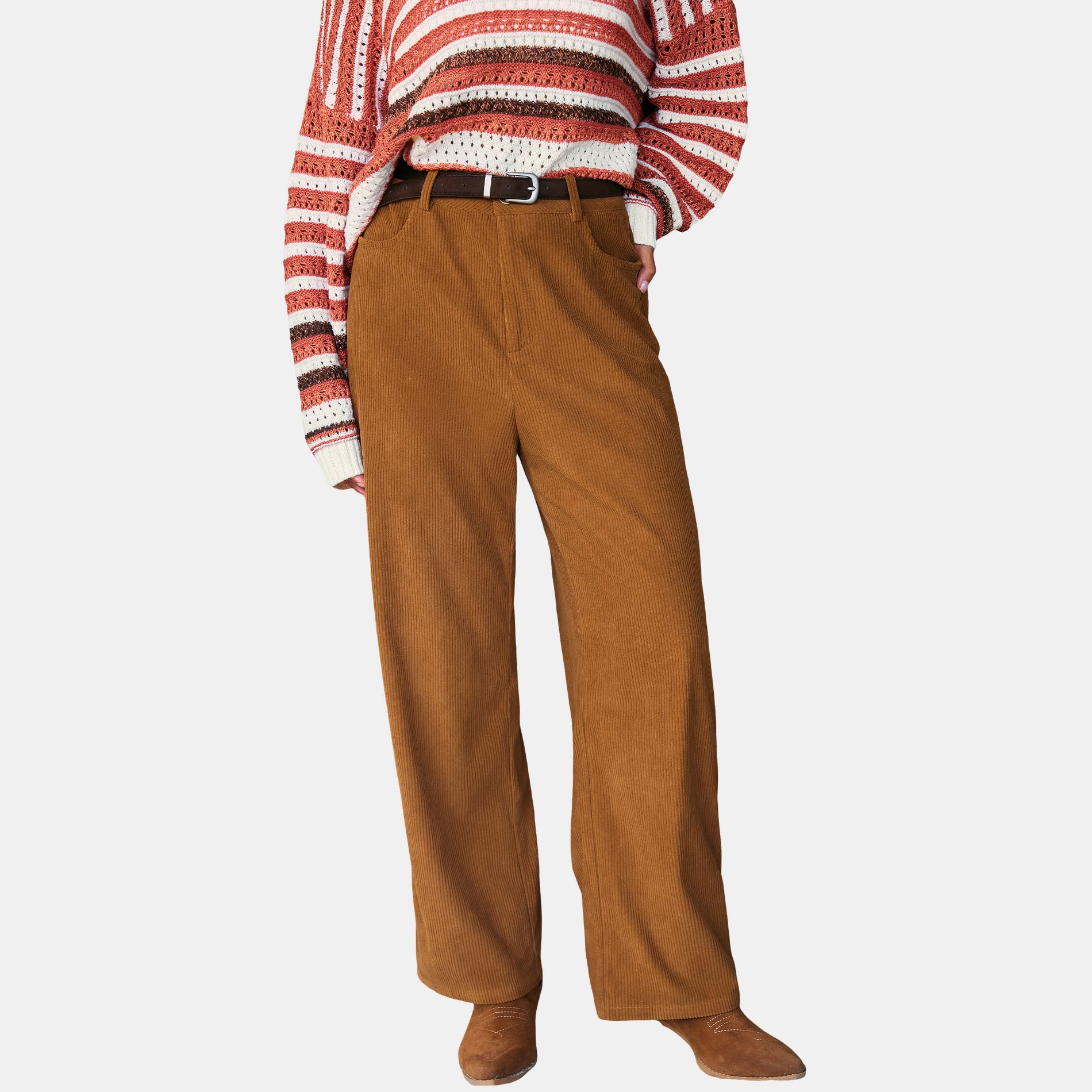 Women's Vintage-Inspired Corduroy Wide-Leg Pants - Cupshe-XL-Brown
