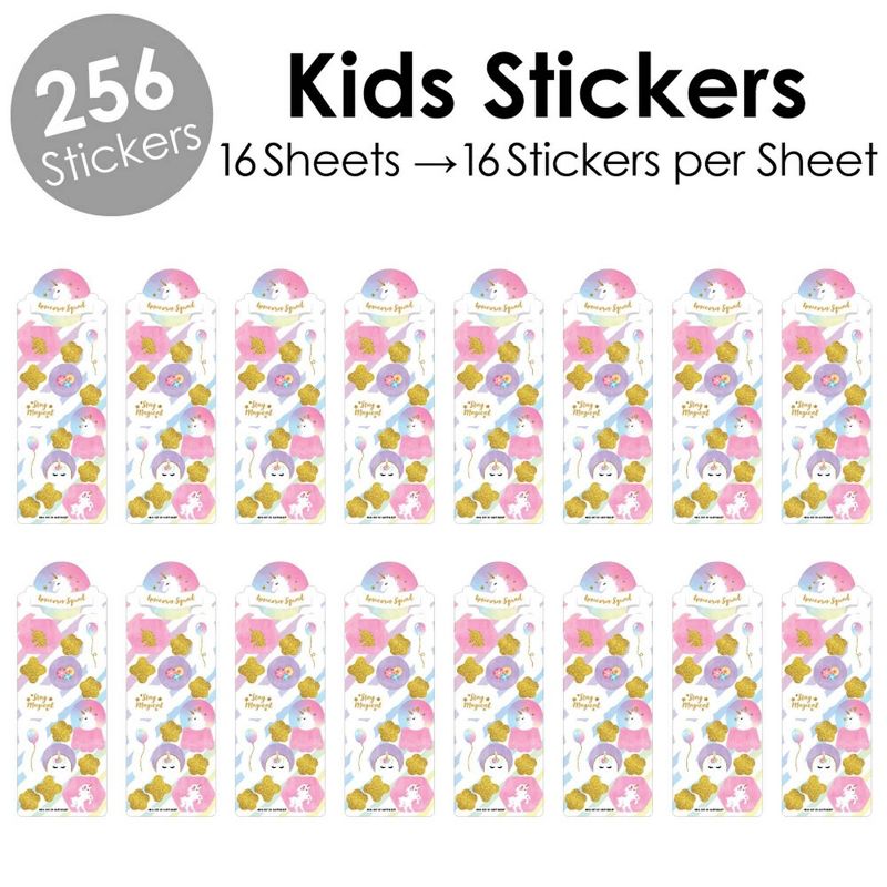 Big Dot of Happiness Rainbow Unicorn - Magical Unicorn Birthday Party Favor Kids Stickers - 16 Sheets - 256 Stickers, 2 of 8