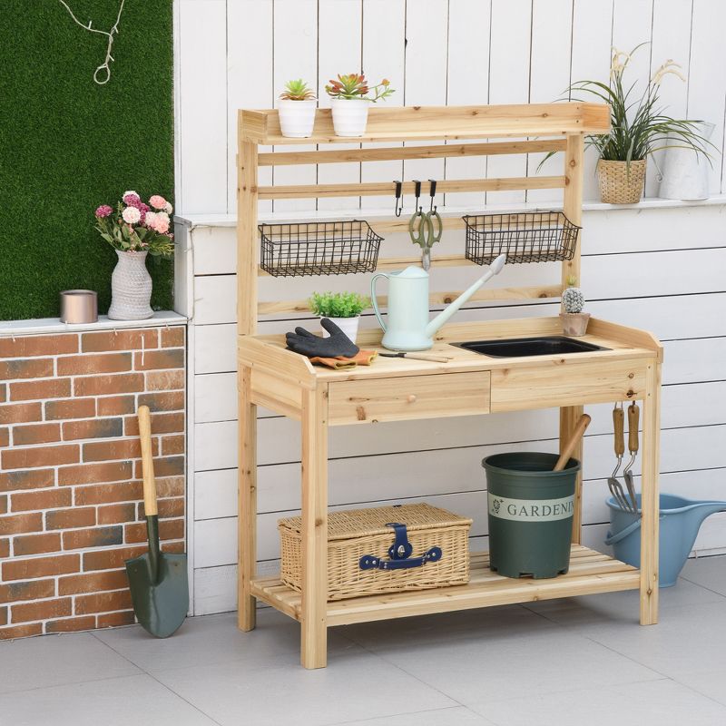 Outsunny Potting Bench Table, Garden Work Bench, Workstation with Metal Sieve Screen, Removable Sink, Additional Hooks and Baskets for Patio, Courtyards, Balcony, 2 of 7