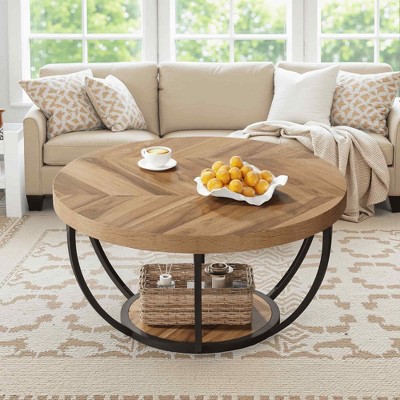 Lirago 31.69" Round Coffee Table 2 Tier Modern Wooden Cocktail Table with Metal Base for Living Room Office Sturdy and Elegant Design Nature