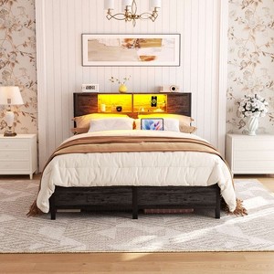 Besiost Bed Frame with Storage Headboard, Bedframe with Charging Station and LED Light - 1 of 4