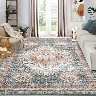 Area Rug Vintage Persian Floral Print Floor Cover Washable Foldable Thin Rug, 4' x 6' Green