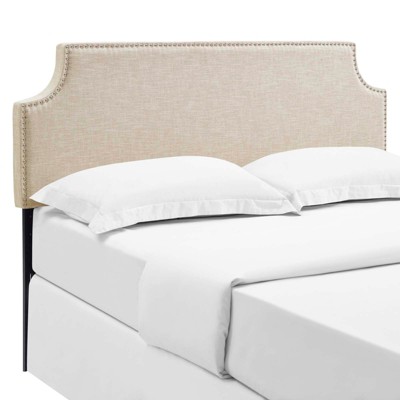 Beige Queen Upholstered Fabric Headboard with Silver Nail Trim
