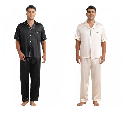 INSPIRE CHIC Men's 2 Pack Satin Pajamas Sets Classic Short Sleeve Sleepwear