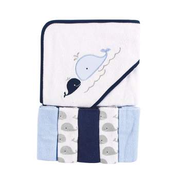 Luvable Friends Baby Boy Hooded Towel with Five Washcloths, Whale, One Size