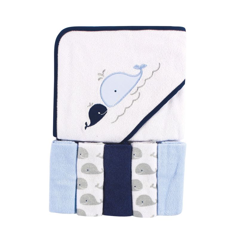 Luvable Friends Baby Boy Hooded Towel with Five Washcloths, Whale, One Size, 1 of 3