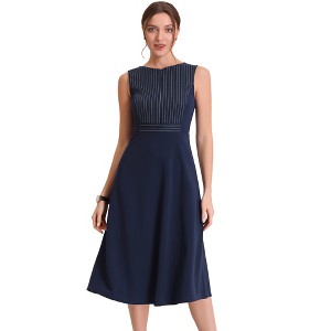 Allegra K Women's Striped Crew Neck Sleeveless A-Line Midi Work Office Dress - 1 of 4