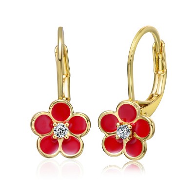 Charming Kids' 14K Yellow Gold Plated Dangle Earrings Featuring Bright Red Enamel and Sparkling Cubic Zirconia Flowers for a Fun and Playful Touch