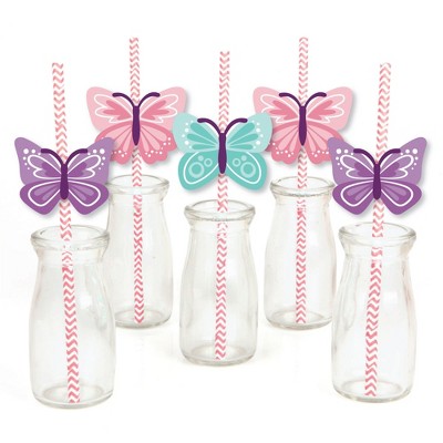Big Dot of Happiness Beautiful Butterfly - Paper Straw Decor - Floral Baby Shower or Birthday Party Striped Decorative Straws - Set of 24