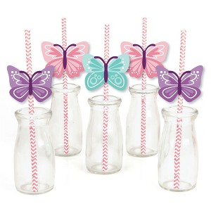 Big Dot of Happiness Beautiful Butterfly - Paper Straw Decor - Floral Baby Shower or Birthday Party Striped Decorative Straws - Set of 24 - 1 of 4