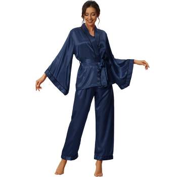 cheibear Womens Satin 2pcs Pajama Silk Nightgown Lounge Nightdress with  Robe Sets Grey Medium