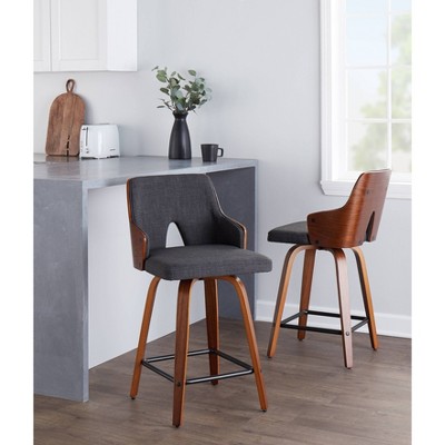 Charcoal Fabric and Walnut Wood Swivel Counter Stools, Set of 2