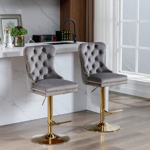 HDZNVF Set of 2 Thick Golden Swivel Velvet Barstools Adjusatble Seat Height from 25-33 Inch, Gray - 1 of 4
