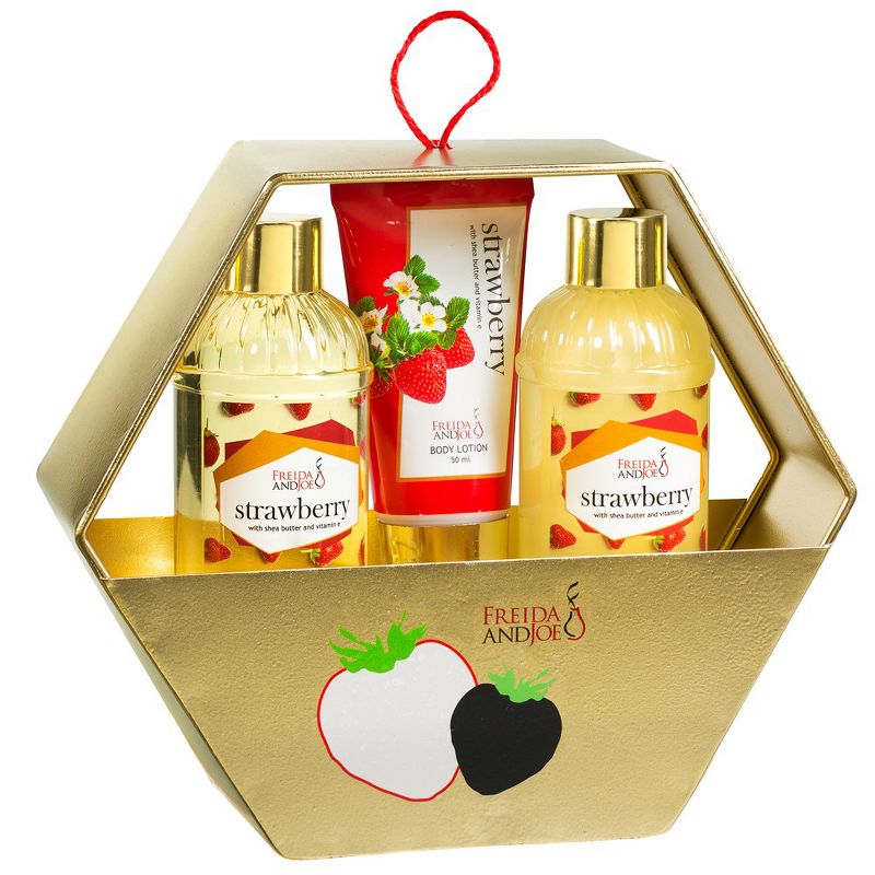 Freida & Joe Strawberry Holiday Gift Set Gold Hexagon Box Luxury Body Care Mothers Day Gifts for Mom, 1 of 7