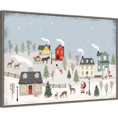 Christmas Village Framed Canvas Print with Santa and Reindeer
