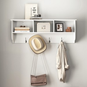 White Entryway Wall Mounted Coat Rack with 4 Dual Hooks Living Room Wooden Storage Shelf - 1 of 4