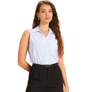 INSPIRE CHIC Women's Summer Work Striped Lapel Collar Sleeveless Button Down V Neck Blouse - 1 of 4