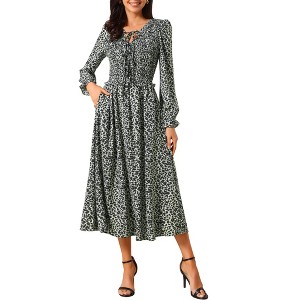 INSPIRE CHIC Women's Leopard Print Long Sleeve Tie V Neck Flowy Party Y2k Cheetah Dresses with Pockets - 1 of 4