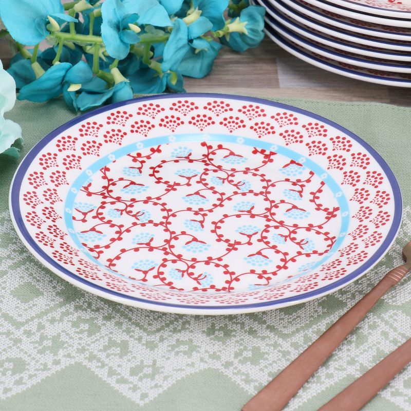 Gibson Home Village Vines Floral 8 Piece 7.4 Inch Fine Ceramic Dessert Plate Set in White and Red, 5 of 6