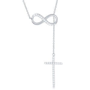 Bella Silver Sterling Silver, Half CZ Infinity with Hanging CZ Cross Lariat Necklace - Silver - 18 Inch - 1 of 2