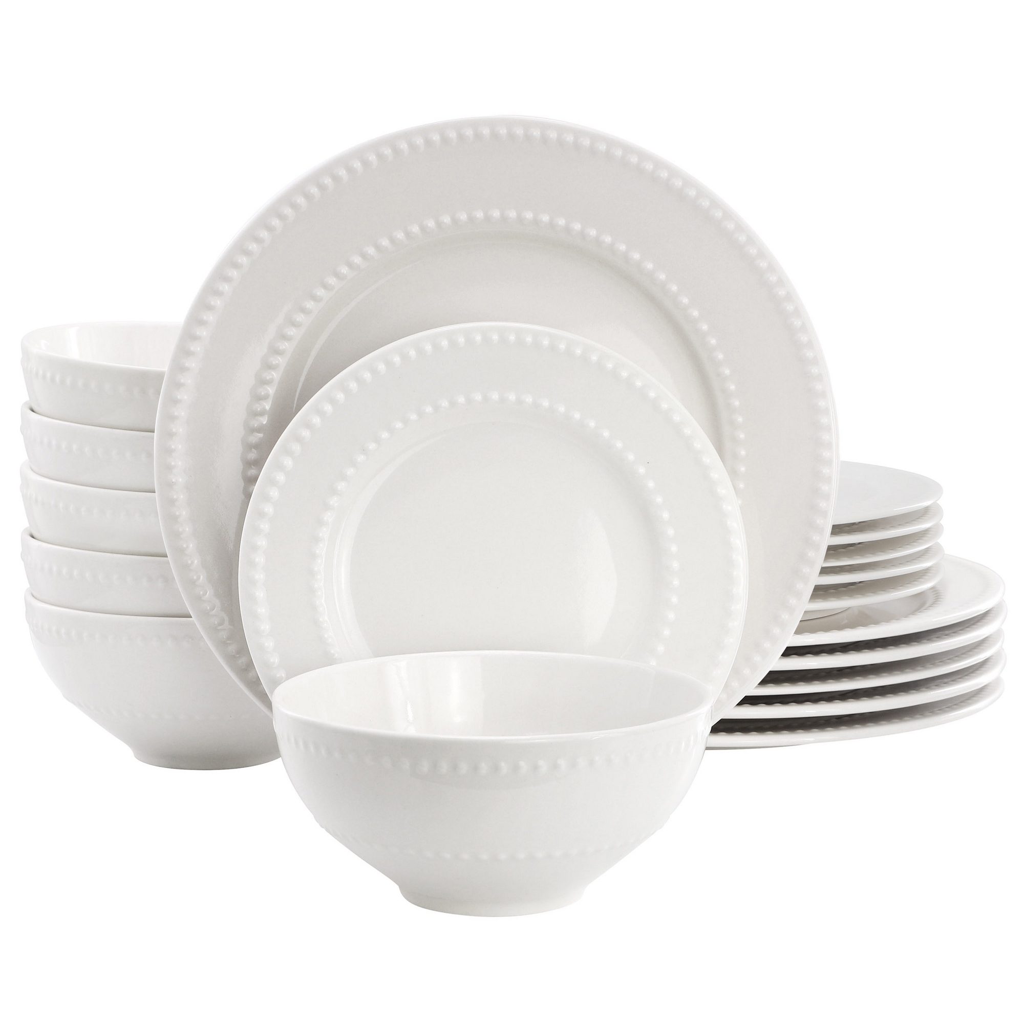 Elama Faye 18 Piece Stoneware Dinnerware Set in White, Service for 6