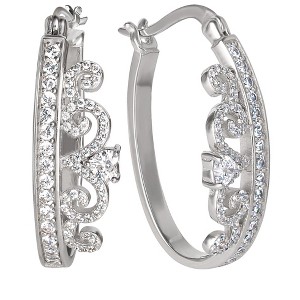 Disney Women Sterling Silver Crown Cubic Zirconia Hoop Earrings - 1 of 4