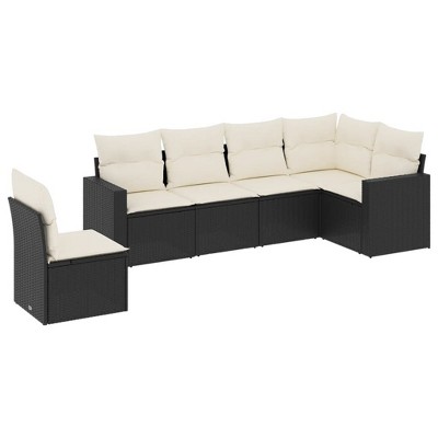 vidaXL 6 Piece Patio Sofa Set with Cushions Black and Cream Poly Rattan - Without Table