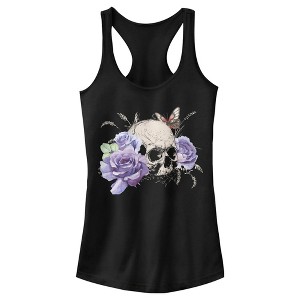 Juniors Womens Lost Gods Flower Skull Racerback Tank Top - 1 of 4
