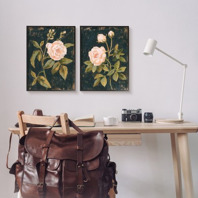 Enchanted Vintage Pink Rose Floral Canvas Print with Black Frame