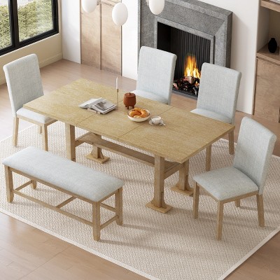6 PCS Extendable Dining Table Set, 1 Dining Table and 4 Chairs and 1 Bench, Rubber Wood Chairs and Bench with Polyester Cushions-Baofuwish
