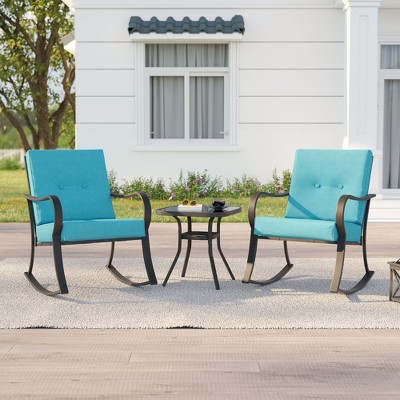 Sonkuki 3 Pieces Patio Bistro Set, Outdoor Funiture Set with 2 Rocking Chairs, Tempered Glass Top Coffee Table and Cushion