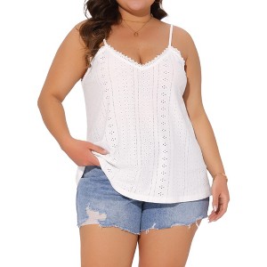 Agnes Orinda Women's Plus Size Lace V Neck Eyelet Jersey Sleeveless Hollow Loose Casual Camisole - 1 of 4